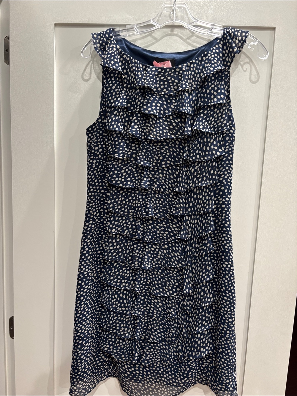 Adrianna Papell Navy and White Polka Dot Ruffle Shift Dress
